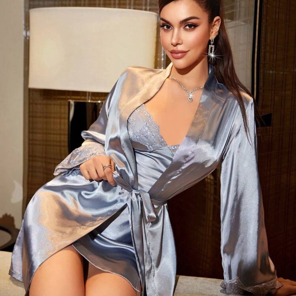 Elegant Silver Satin Robe and Lingerie Set